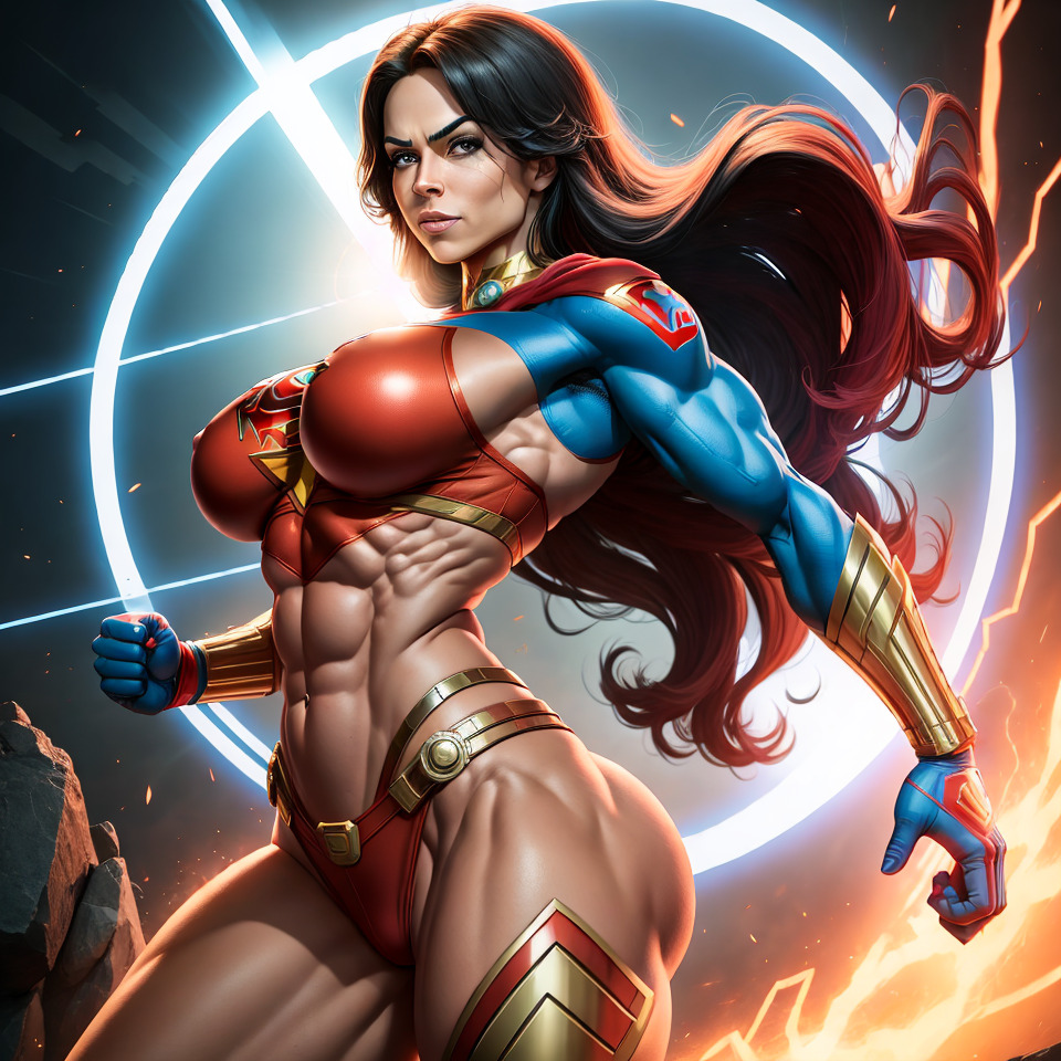 an image of a superwoman character. She has an athletic, muscular physique